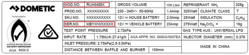 Dometic RUA6408X Data Plate Example v2