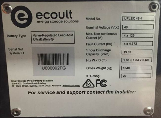 Ecoult UltraFlex Battery Energy storage identification