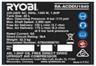 Bunnings RYOBI 40 Litre Air Compressor label