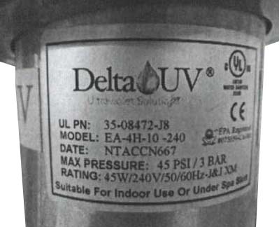 Endless Pools Delta branded UV Generator label