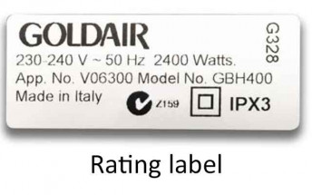 GBH400 bathroom heater rating label