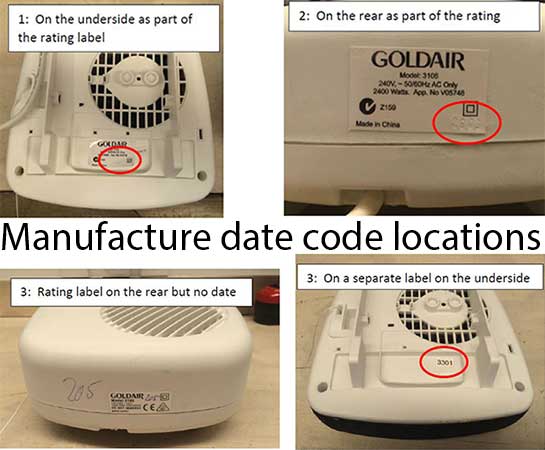 Goldair bathroom heater 3108 date code locations