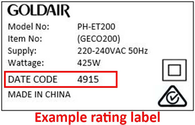 Goldair rating label example