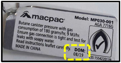 Macpac Micro Stove batch 08 19 identification 3