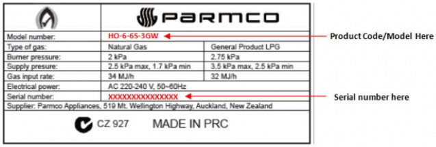 Parmco Gas Hob serial number identifier