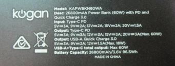 Kogan 26800 mAh Power Bank label