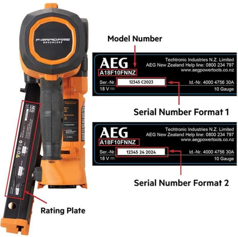 B 9235602106 AEG Framing Nailer recall Rating Plate v2