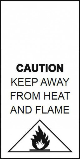 White clothing label - Caution keep away from heat and flame