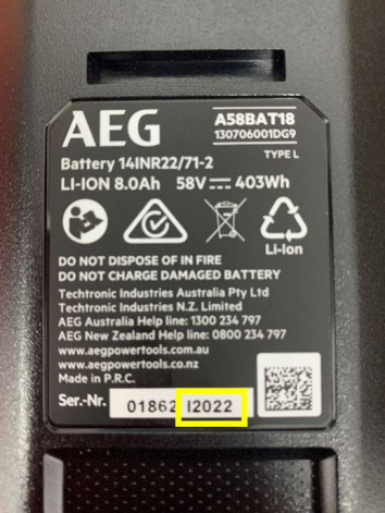 AEG 58V 4Ah and 8Ah Batteries serial number