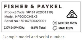 Fisher Paykel Integrated Insert Rangehood 90cm with External Motor Model HP90IDCHEX3 example serial and model number